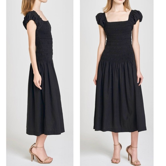 Caroline Constas Women’s Cotton Shirred Bodice Short Puff Sleeve Midi Dress NEW - Picture 5 of 16